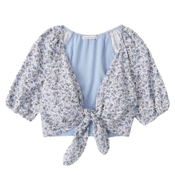 Abercrombie & Fitch Linen Blend Floral Tie Front Crop Blouse Size S - Picture 10 of 10